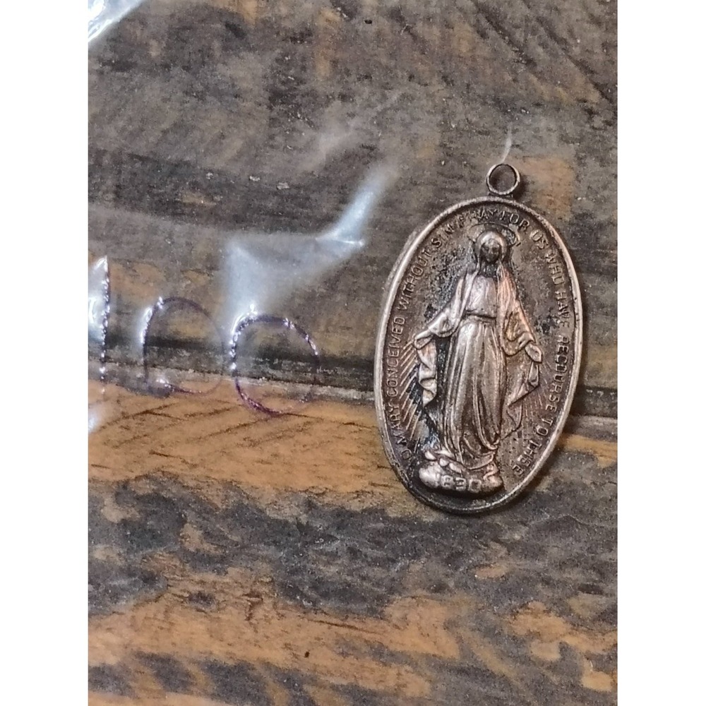 Sterling Silver Miraculous Medal Pendant Virgin Mary Vintage Two Hearts Oval